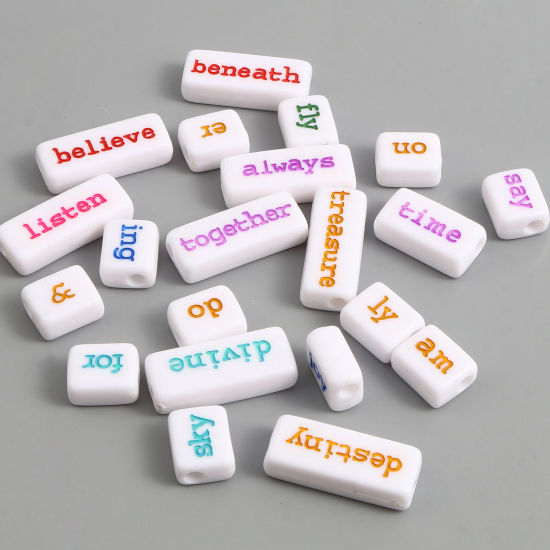 Picture of Acrylic Beads Rectangle At Random Color Mixed English Vocabulary Pattern About 23.7mm x 9.5mm- 11.6mm x 9.5mm, Hole: Approx 3.2mm, 50 PCs