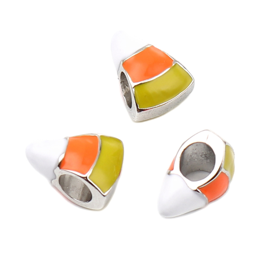 Picture of Zinc Metal Alloy European Style Large Hole Charm Beads Christmas Corn Candy Silver Plated Multicolor Enamel About 14mm( 4/8") x 10mm( 3/8"), Hole: Approx 4.6mm, 5 PCs