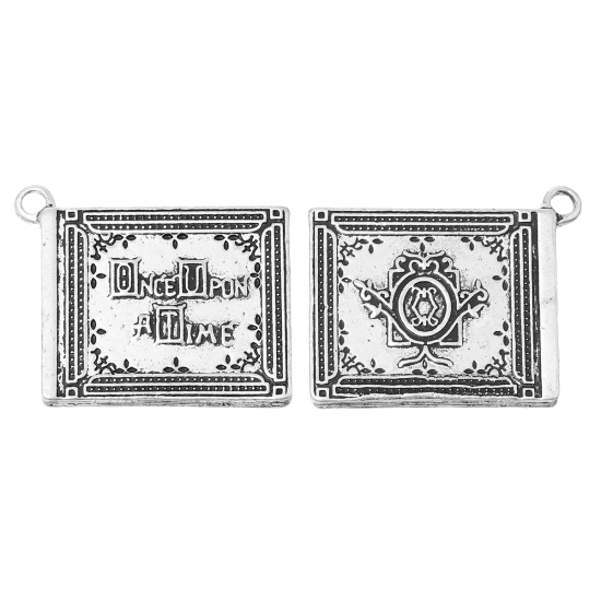 Picture of Graduation Jewelry Zinc Based Alloy Pendants Book Antique Silver Color Message " Once Upon A Time " Carved 35mm(1 3/8") x 29mm(1 1/8"), 5 PCs