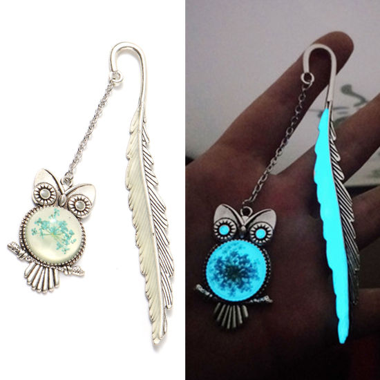 Picture of Zinc Based Alloy Bookmark Owl Animal Antique Silver Color Glow In The Dark Luminous 11cm, 1 Piece