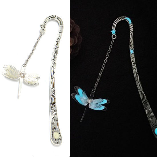 Picture of Zinc Based Alloy Insect Bookmark Dragonfly Animal Antique Silver Color Glow In The Dark Luminous 12.2cm, 1 Piece