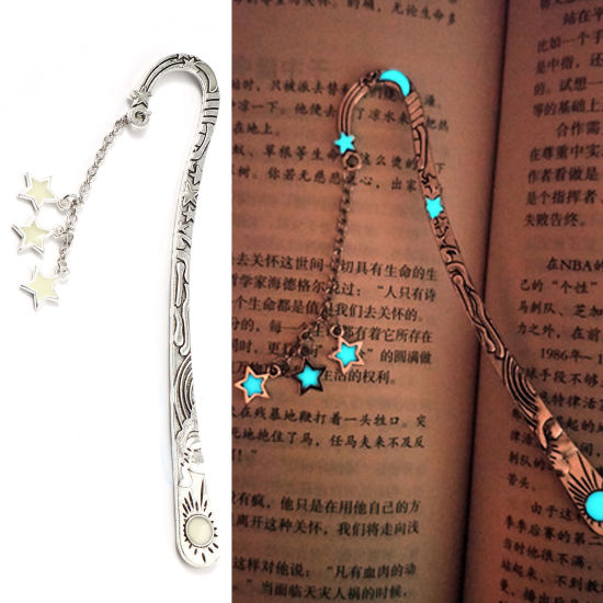 Picture of Zinc Based Alloy Bookmark Star Antique Silver Color Glow In The Dark Luminous 12.2cm, 1 Piece