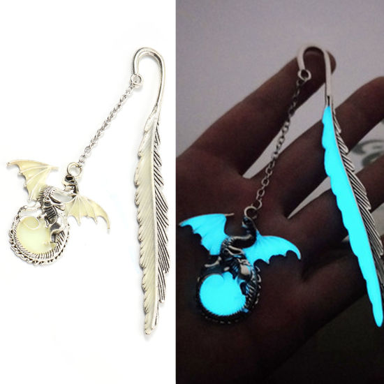 Picture of Zinc Based Alloy Bookmark Dragon Antique Silver Color Glow In The Dark Luminous 12cm, 1 Piece