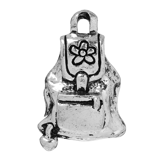 Picture of Graduation Jewelry Zinc Based Alloy 3D Charms School Bag Antique Silver Color Flower Carved 24mm(1") x 15mm( 5/8"), 10 PCs