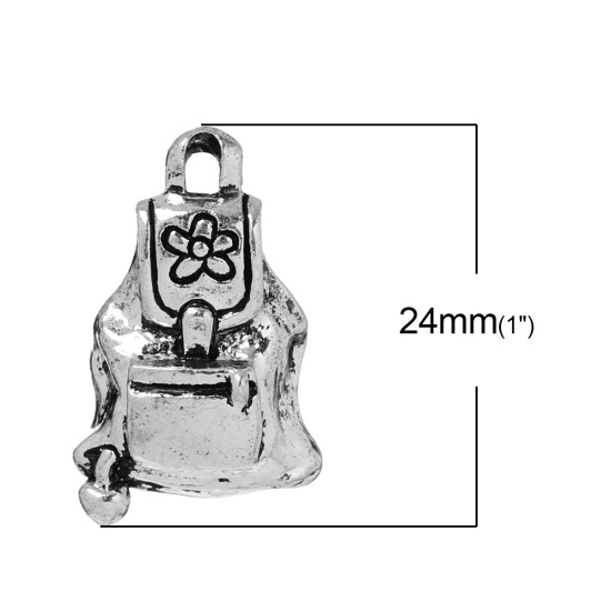 Picture of Graduation Jewelry Zinc Based Alloy 3D Charms School Bag Antique Silver Color Flower Carved 24mm(1") x 15mm( 5/8"), 10 PCs