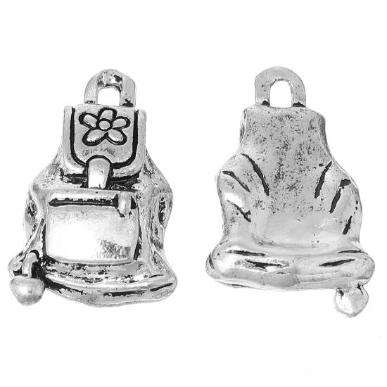 Picture of Graduation Jewelry Zinc Based Alloy 3D Charms School Bag Antique Silver Color Flower Carved 24mm(1") x 15mm( 5/8"), 10 PCs