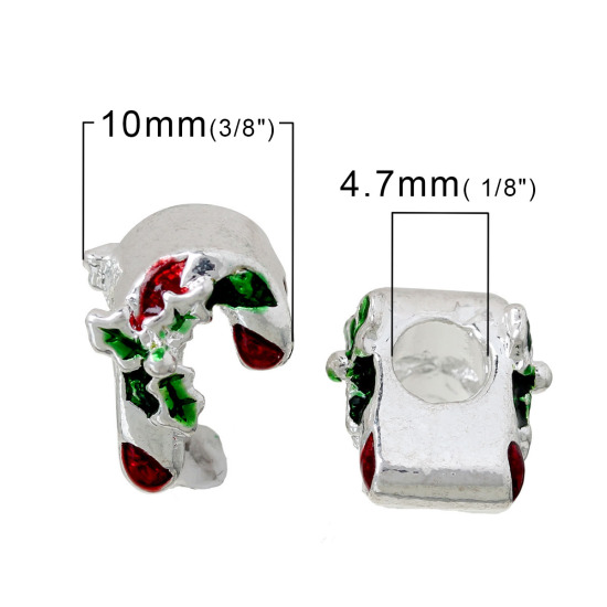 Immagine di Lega di Zinco Stile EuropeoFascino Perline Gruccia di Zucchero di Natale Argento Placcato Agrifoglio Natale Scolpito Circa Rosso & Verde Smalto Circa 13mm x 10mm, Foro: Circa 4.7mm, 5 Pz