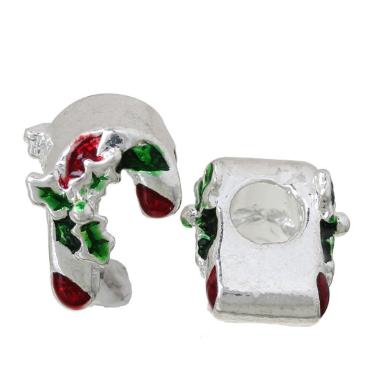 Immagine di Lega di Zinco Stile EuropeoFascino Perline Gruccia di Zucchero di Natale Argento Placcato Agrifoglio Natale Scolpito Circa Rosso & Verde Smalto Circa 13mm x 10mm, Foro: Circa 4.7mm, 5 Pz