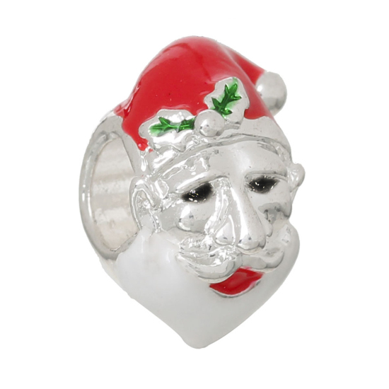 Immagine di Lega di Zinco Stile EuropeoFascino Perline Babbo Natale Argento Placcato Circa Rosso & Verde Smalto Circa 14mm x 9mm, Foro: Circa 4.8mm, 5 Pz