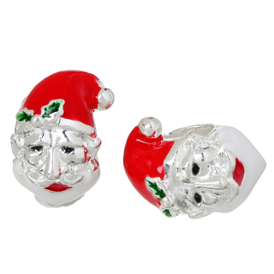 Immagine di Lega di Zinco Stile EuropeoFascino Perline Babbo Natale Argento Placcato Circa Rosso & Verde Smalto Circa 14mm x 9mm, Foro: Circa 4.8mm, 5 Pz