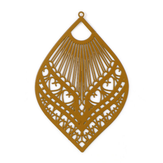 Immagine di Lega di Ferro Filigree Stamping Ciondoli Foglia Giallo Marrone Filigrana Pittura 5.9cm x 3.9cm , 10 Pz