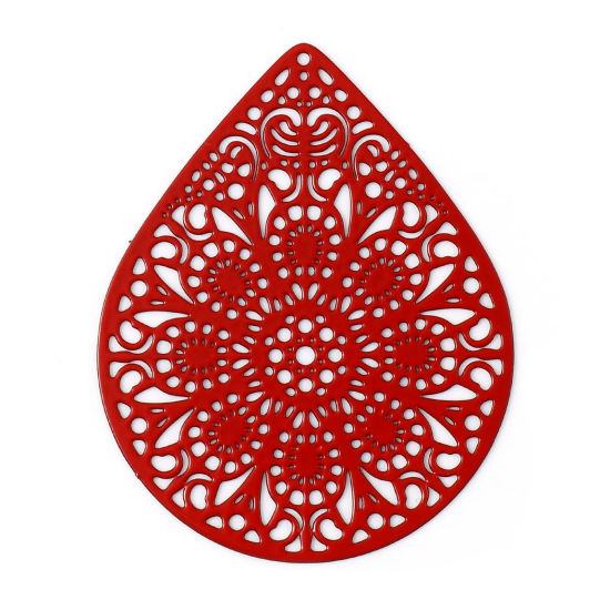 Bild von Eisenlegierung Filigran Stempel Verzierung Anhänger Tropfen Rot Blumen Spritzlackierung 4.9cm x 3.9cm, 10 Stück