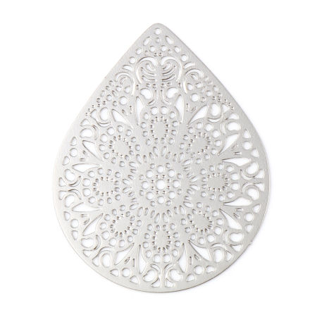 Bild von Eisenlegierung Filigran Stempel Verzierung Anhänger Tropfen Silberfarbe Blumen 4.9cm x 3.9cm, 10 Stück