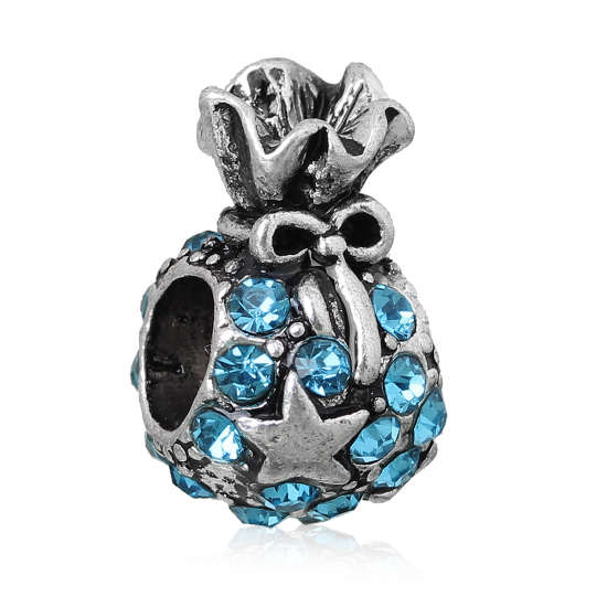Immagine di Lega di Zinco Stile Europeo Fascino Perline Natale Sacchetto di Regalo Stella Scolpito Circa Argento Antico Blu Strass Circa 14mm x 10mm, Foro: Circa 5.1mm, 5 Pz