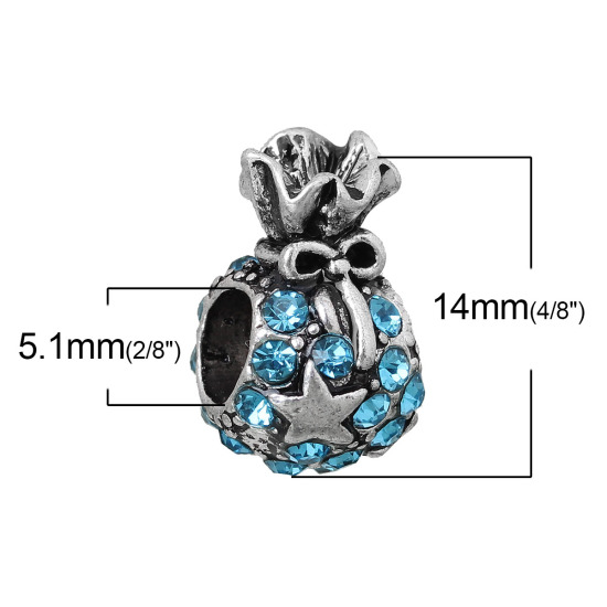 Immagine di Lega di Zinco Stile Europeo Fascino Perline Natale Sacchetto di Regalo Stella Scolpito Circa Argento Antico Blu Strass Circa 14mm x 10mm, Foro: Circa 5.1mm, 5 Pz