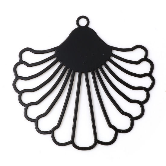 Image de Pendentifs Estampe en Filigrane en Alliage de Fer Eventail Noir env. Laqué 3.9cm x 3.7cm, 10 Pcs