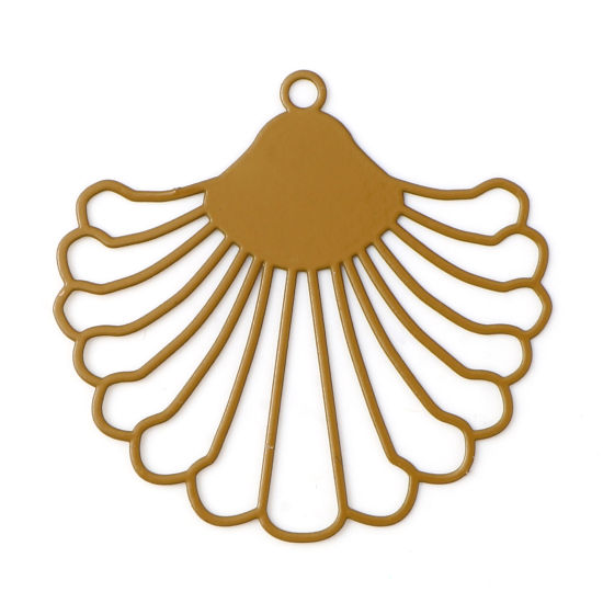 Image de Pendentifs Estampe en Filigrane en Alliage de Fer Eventail Brun Jaune env. Laqué 3.9cm x 3.7cm, 10 Pcs