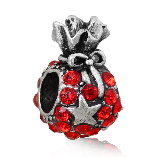 Picture of Zinc Metal Alloy European Style Large Hole Charm Beads Christmas Money Bag Antique Silver Color Bowknot Star Carved Red Rhinestone About 14mm x 10mm, Hole: Approx 5.1mm, 5 PCs