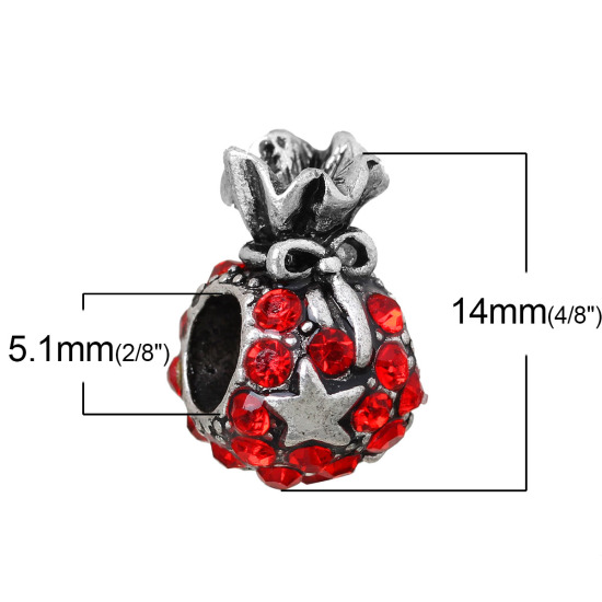 Picture of Zinc Metal Alloy European Style Large Hole Charm Beads Christmas Money Bag Antique Silver Color Bowknot Star Carved Red Rhinestone About 14mm x 10mm, Hole: Approx 5.1mm, 5 PCs