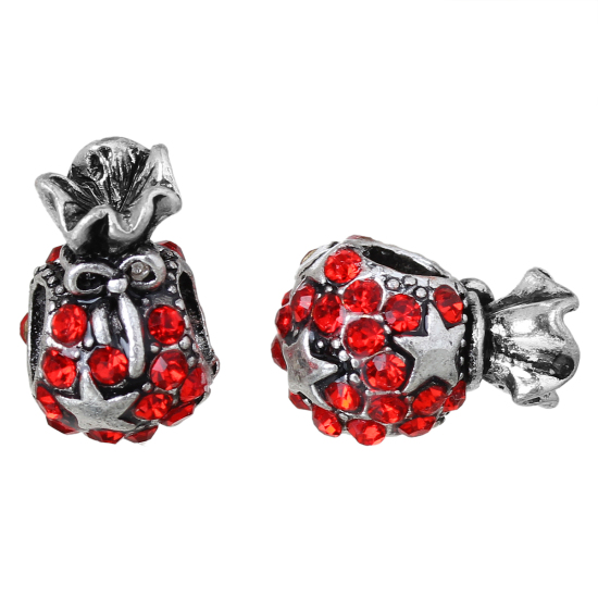 Picture of Zinc Metal Alloy European Style Large Hole Charm Beads Christmas Money Bag Antique Silver Color Bowknot Star Carved Red Rhinestone About 14mm x 10mm, Hole: Approx 5.1mm, 5 PCs
