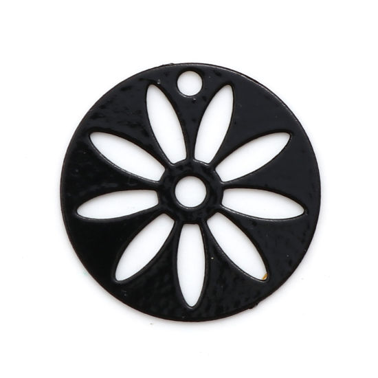 Picture of Iron Based Alloy Filigree Stamping Charms Round Black Flower Painted 16mm Dia., 50 PCs