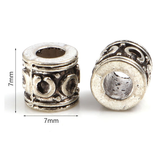 Immagine di Lega di Zinco Perline Cilindrico Argento Antico Intagliato Scolpisce Circa 7mm x 7mm, Foro:Circa 3.3mm, 100 Pz