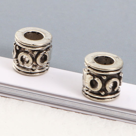 Immagine di Lega di Zinco Perline Cilindrico Argento Antico Intagliato Scolpisce Circa 7mm x 7mm, Foro:Circa 3.3mm, 100 Pz