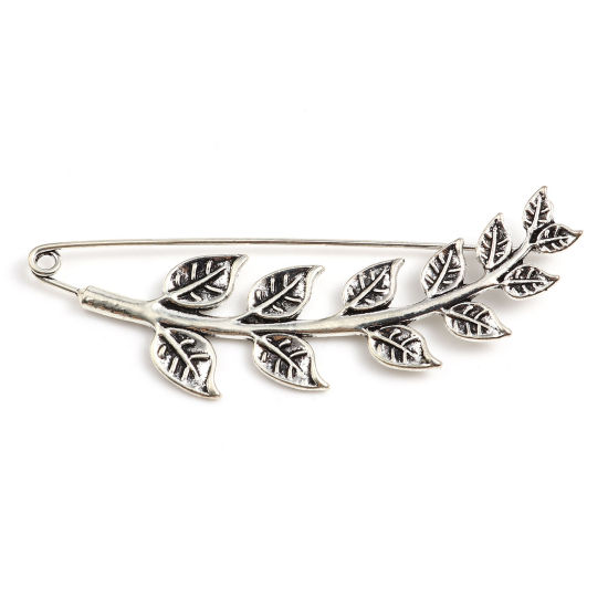 Picture of Zinc Based Alloy Pin Brooches Findings Branch Antique Silver Color 9cm x 3.3cm, 2 PCs