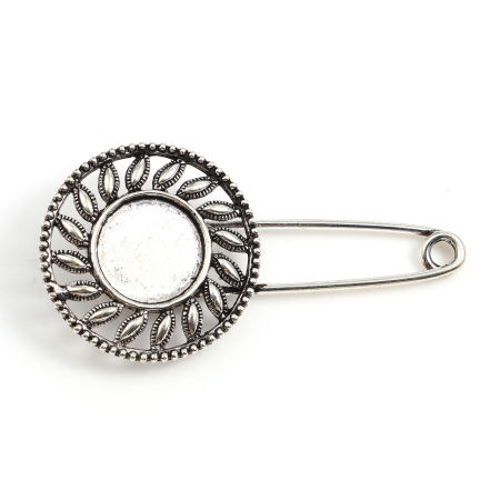 Picture of Zinc Based Alloy Pin Brooches Findings Sun Antique Silver Color Cabochon Settings (Fits 14mm Dia.) 5.6cm x 2.9cm, 2 PCs
