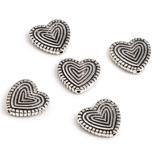 Picture of Zinc Based Alloy Valentine's Day Spacer Beads Heart Antique Silver Color Streak About 14mm x 13mm, Hole: Approx 0.7mm, 20 PCs