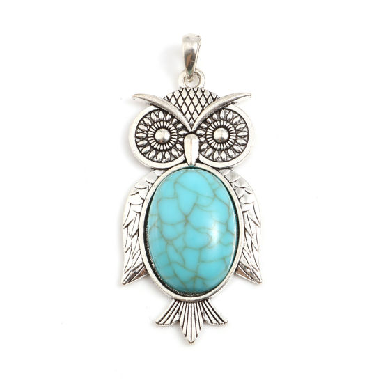 Picture of Zinc Based Alloy Pendants Owl Animal Antique Silver Color Green Blue Imitation Turquoise 63mm x 28mm, 2 PCs
