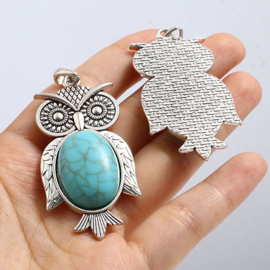 Picture of Zinc Based Alloy Pendants Owl Animal Antique Silver Color Green Blue Imitation Turquoise 63mm x 28mm, 2 PCs