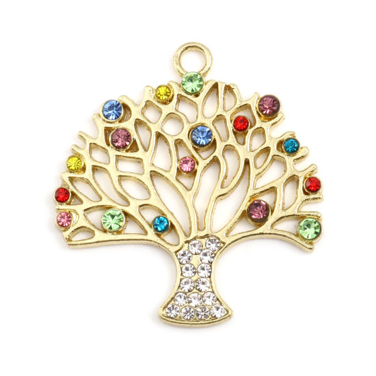 Bild von Zinklegierung Anhänger Vergoldet Lebensbaum Bunt Strass 45mm x 42mm, 2 Stück
