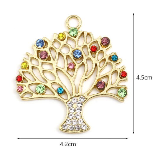 Bild von Zinklegierung Anhänger Vergoldet Lebensbaum Bunt Strass 45mm x 42mm, 2 Stück
