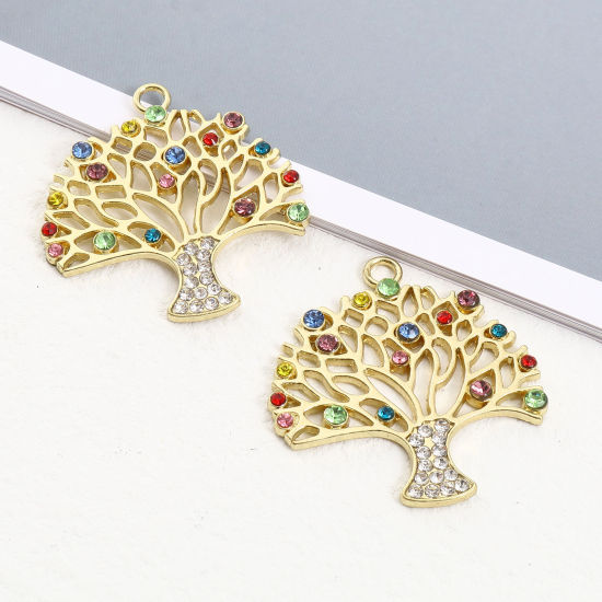 Bild von Zinklegierung Anhänger Vergoldet Lebensbaum Bunt Strass 45mm x 42mm, 2 Stück