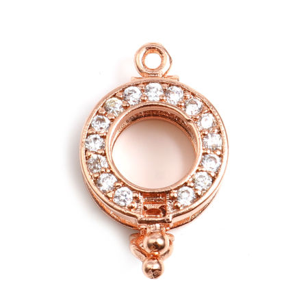 Picture of Brass Wish Pearl Locket Jewelry Charms Round Rose Gold Clear Rhinestone Can Open (Fit Bead Size: 10mm) 20mm x 13mm, 1 Piece