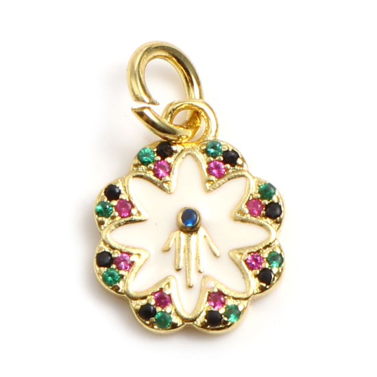 Imagen de Latón Religión Colgantes Charms Chapado en Oro Blanco Flor Símbolo Mano Hamsa Micro Pave Multicolor Rhinestone 17mm x 11mm, 1 Unidad