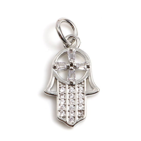 Imagen de Latón Religión Colgantes Charms Tono de Plata Palma Micro Pave Transparente Rhinestone 23mm x 11mm, 1 Unidad