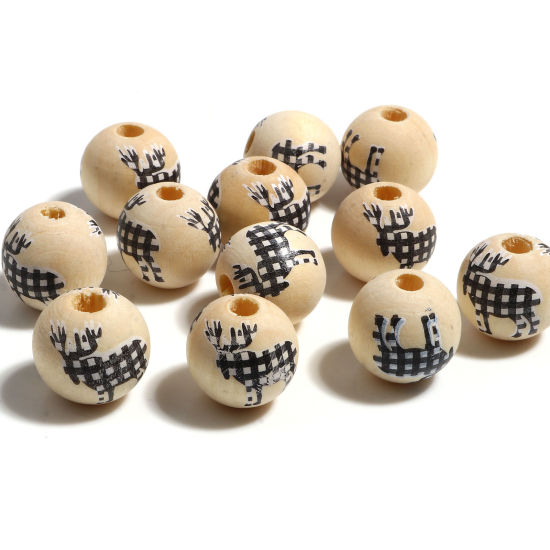 Picture of Natural Wood Spacer Beads Round Black & White Christmas Reindeer About 16mm Dia., Hole: Approx 4.4mm, 20 PCs