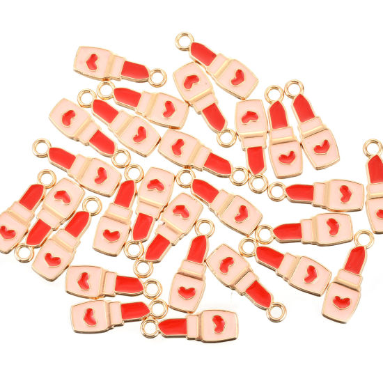 Immagine di Lega di Zinco Cosmetico Charms Rossetto Oro Placcato Rosa Cuore Smalto 20mm x 7mm , 10 Pz