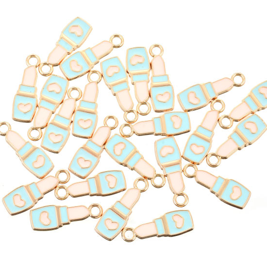 Immagine di Lega di Zinco Cosmetico Charms Rossetto Oro Placcato Blu Cuore Smalto 20mm x 7mm , 10 Pz