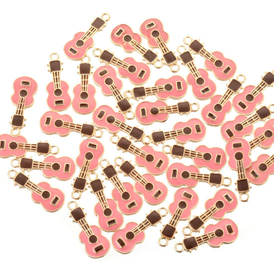 Immagine di Lega di Zinco Charms Strumento Musicale Chitarra Oro Placcato Rosa Smalto 23mm x 9mm , 10 Pz