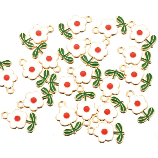 Immagine di Lega di Zinco Charms Le foglie del Fiore Oro Placcato Bianco & Verde Smalto 19.5mm x 12mm , 10 Pz