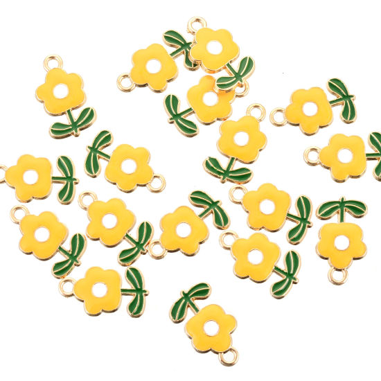 Immagine di Lega di Zinco Charms Le foglie del Fiore Oro Placcato Verde & Giallo Smalto 19.5mm x 12mm , 10 Pz