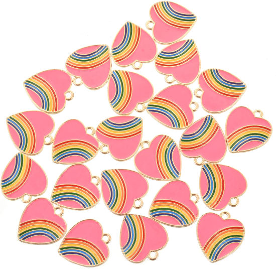 Immagine di Lega di Zinco Charms Cuore Oro Placcato Rosa Caldo Arcobaleno Smalto 20mm x 18mm , 10 Pz