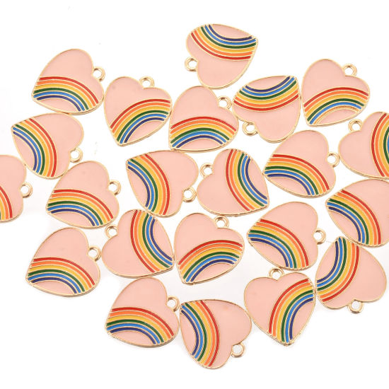 Immagine di Lega di Zinco Charms Cuore Oro Placcato Rosa Arcobaleno Smalto 20mm x 18mm , 10 Pz