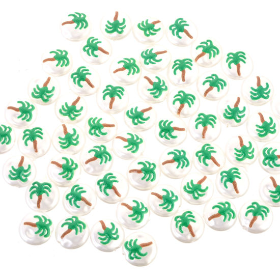 Picture of Acrylic Baroque Beads Coconut Palm Tree White & Green Imitation Pearl About 12mm Dia., Hole: Approx 1mm, 10 PCs