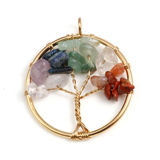 Picture of Stone Pendants Round Gold Plated Multicolor Tree of Life 3.5cm x 3.1cm, 1 Piece