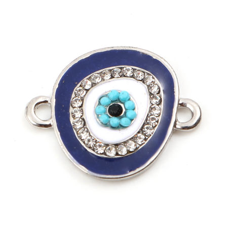 Image de Zinc Based Alloy Religious Connectors Oval Silver Tone White & Blue Evil Eye Enamel Clear Rhinestone 20mm x 16mm, 5 PCs