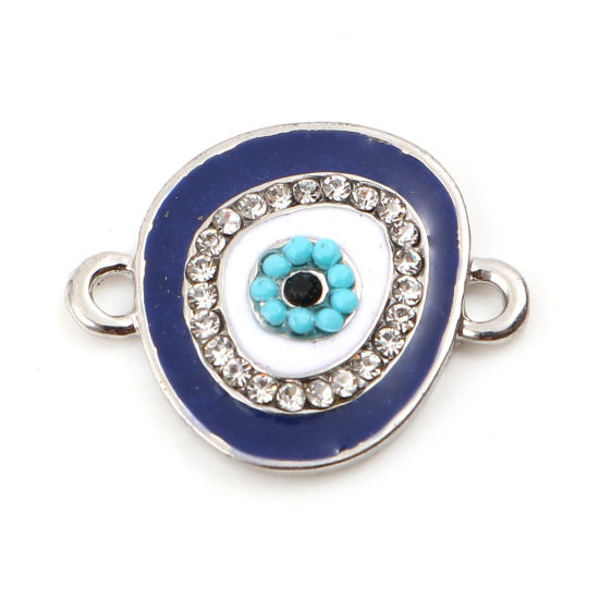 Immagine di Lega di Zinco Religione Connettore Accessori Ovale Tono Argento Bianco & Blu Malocchio Disegno Smalto Trasparente Strass 20mm x 16mm, 5 Pz